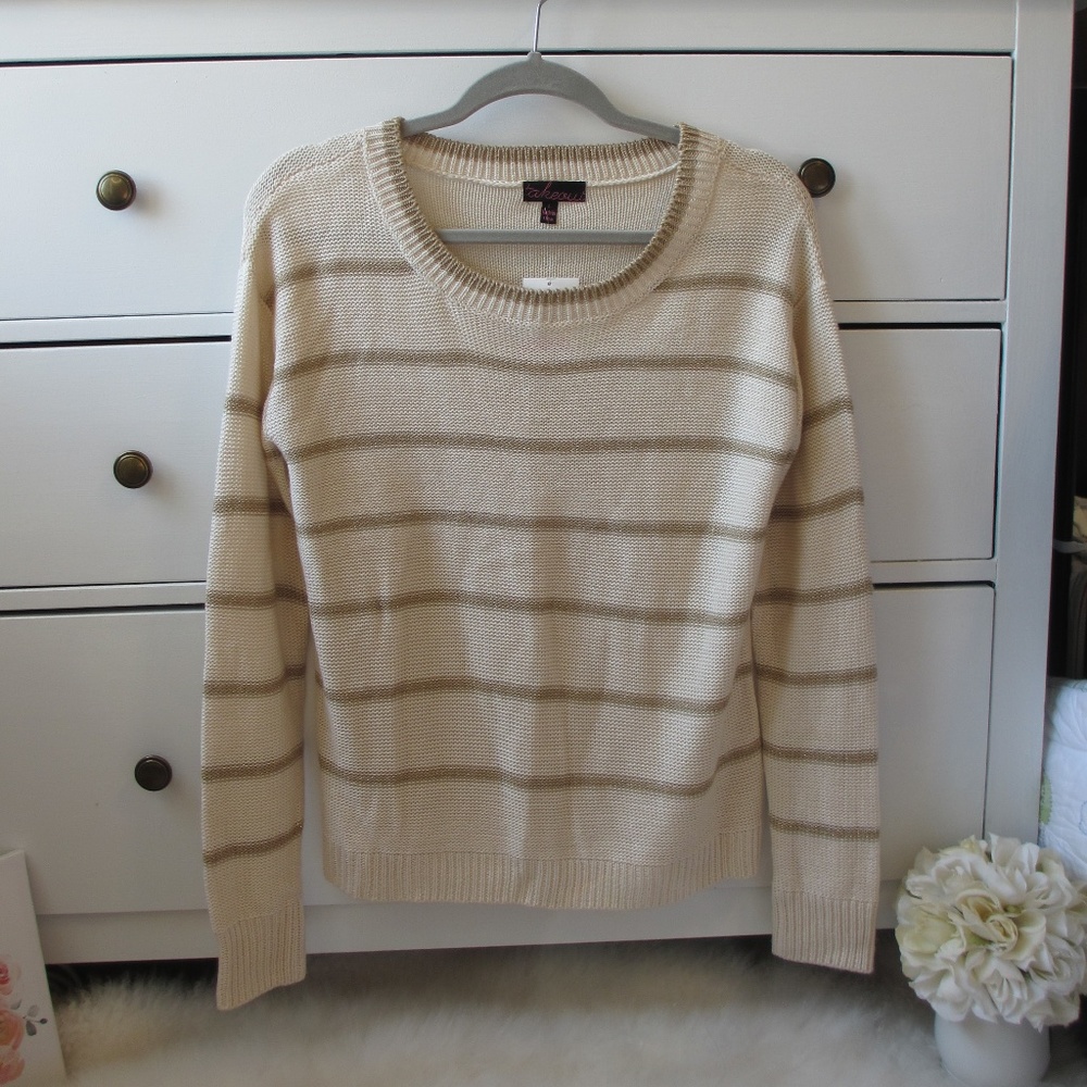 Cream & Gold Striped Sweater Takeout Size L NWT